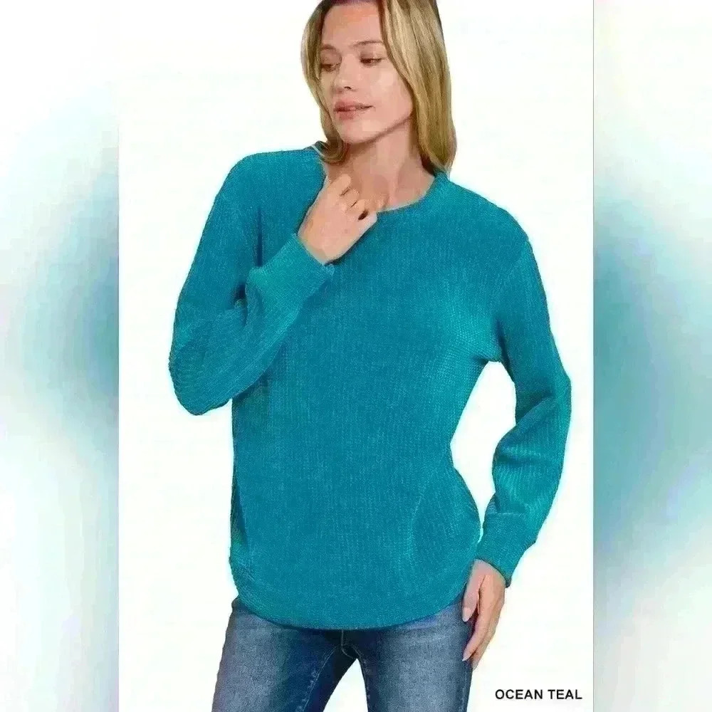 Chenille Waffle knit sweater-ocean teal